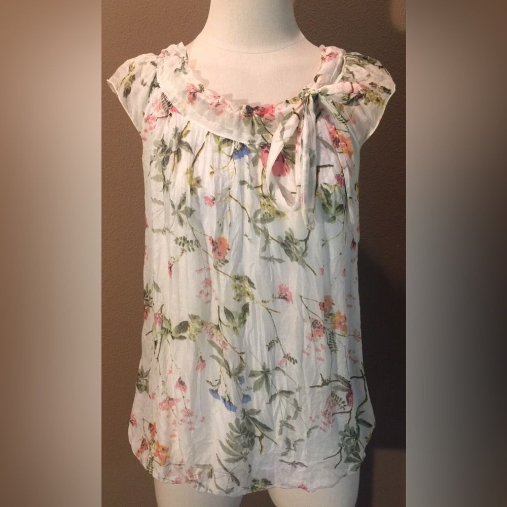 Giusy Italy 100% Silk Sleeveless Ivory Floral Top Blouse W Ruched Tie Neck NWT